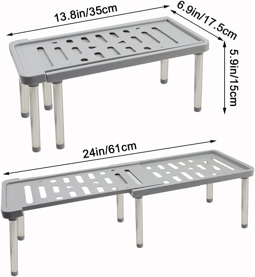Scaffale espandibile grigio con dimensioni: ripiani forati e 4 gambe