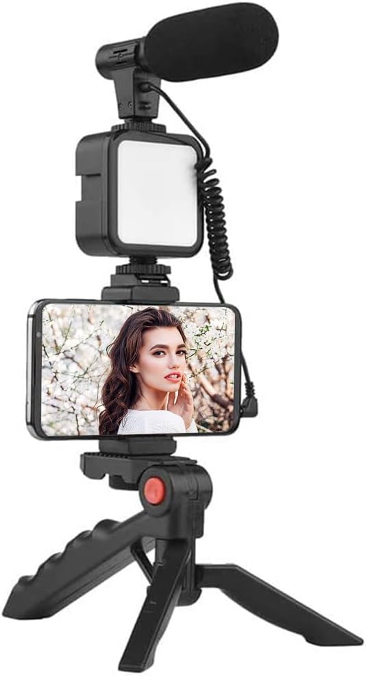Treppiede per cellulare con luce LED quadrata e microfono, supporto nero