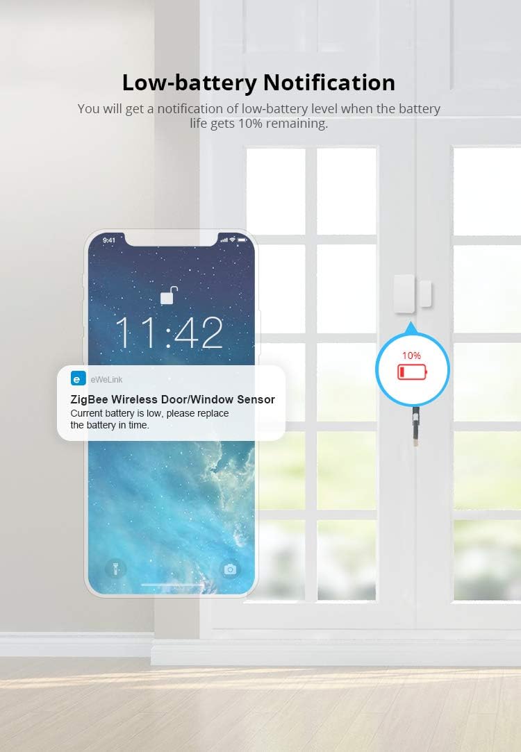 Notifica batteria scarica sensore apertura porta/finestra ZigBee con livello 10%