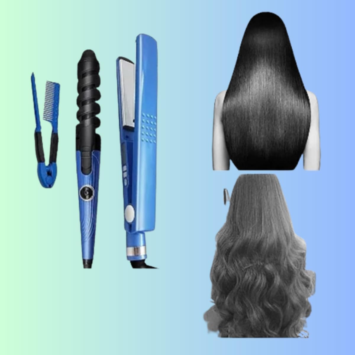 Piastra per capelli blu e accessori; capelli ondulati su manichino