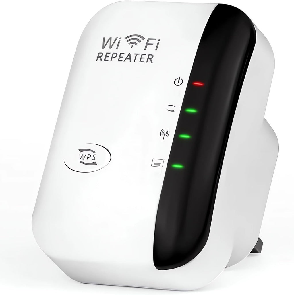 Ripetitore Wi‑Fi bianco con pannello nero, LED verdi e rossi, pulsanti