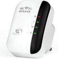 Ripetitore Wi‑Fi bianco con pannello nero, LED verdi e rossi, pulsanti