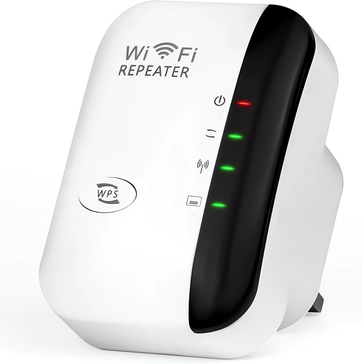 Ripetitore Wi‑Fi bianco con pannello nero, LED verdi e rossi, pulsanti