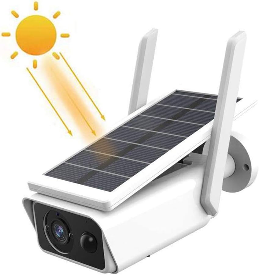 Telecamera di sorveglianza esterna bianca con pannello solare e due antenne