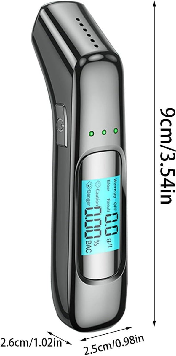 Rilevatore di alcol portatile nero con display blu e indicatori verdi, vista laterale