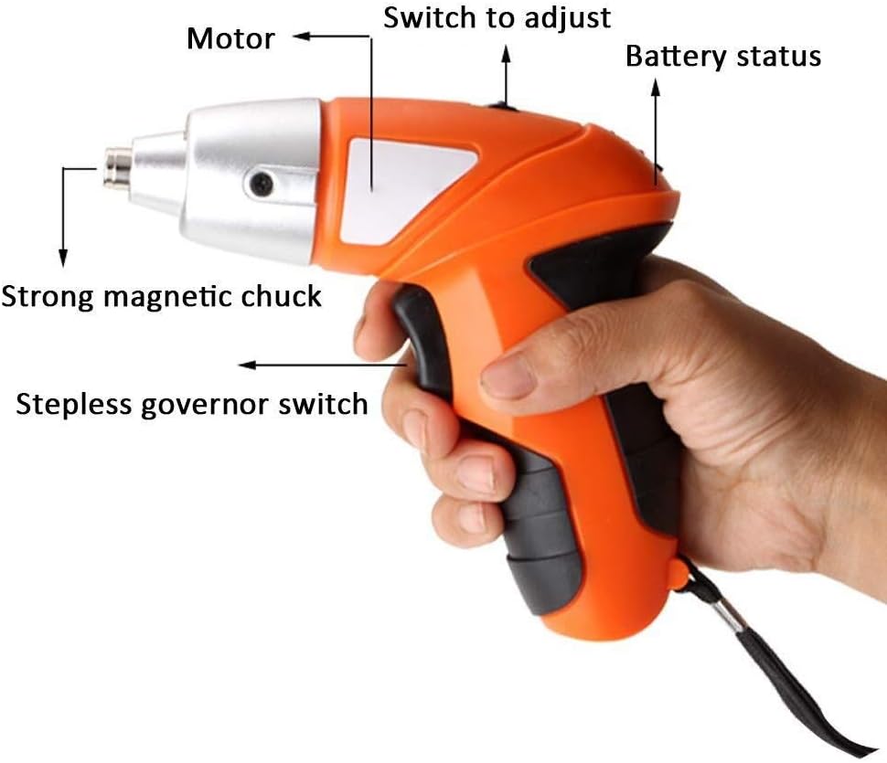 Trapano avvitatore wireless arancione e nero in mano con punta e mandrino