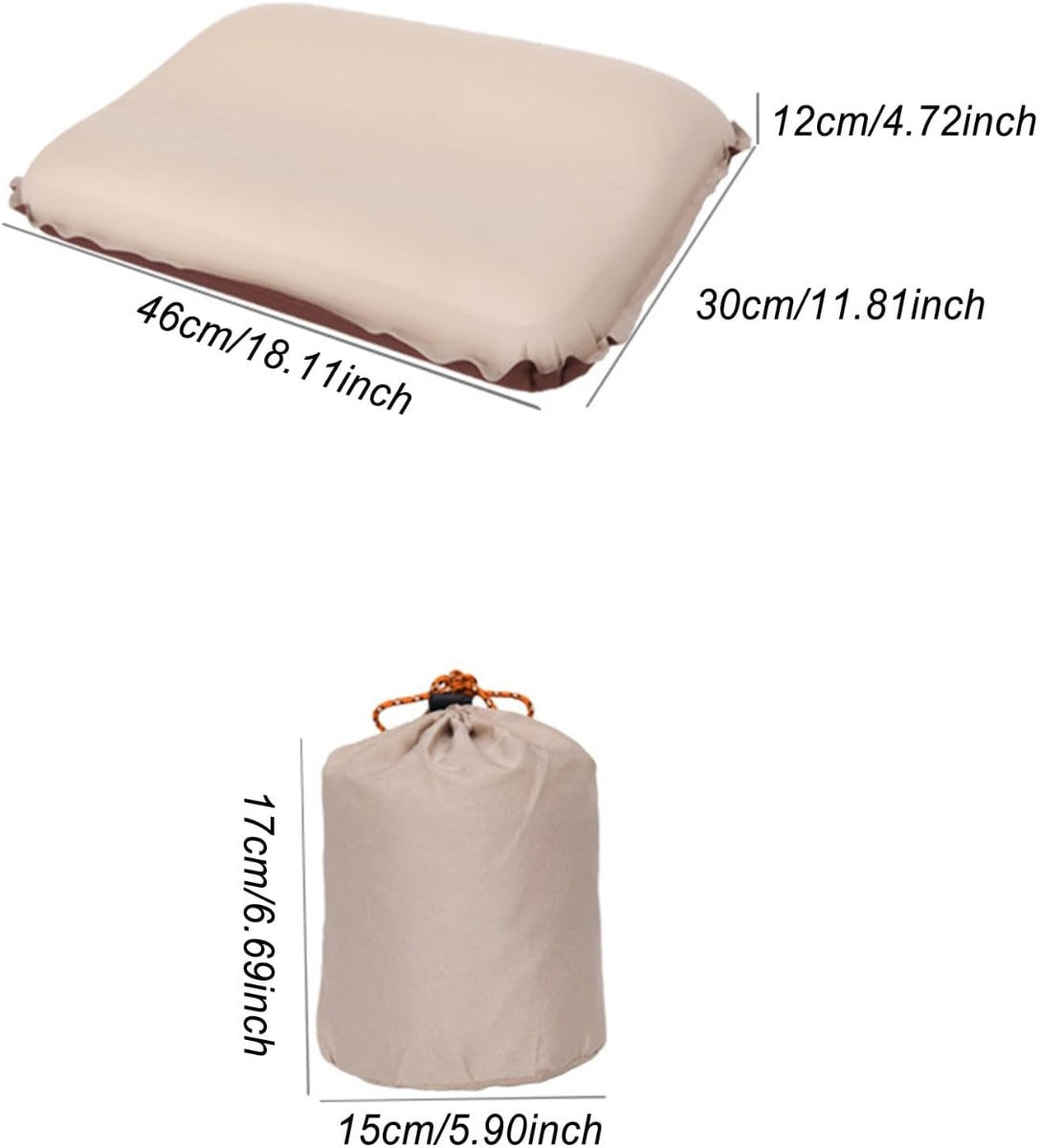 Cuscino gonfiabile beige con custodia richiudibile in tessuto