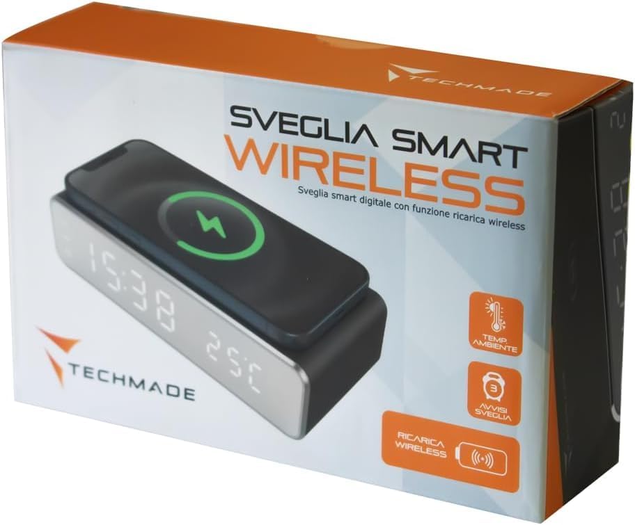 TECHMADE – Sveglia Digitale con Ricarica Wireless, Allarme con Timer, Display LED Regolabile