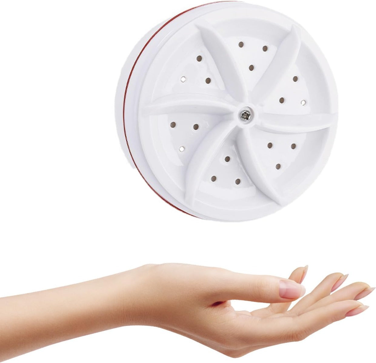Mini lavatrice portatile ad ultrasuoni con vasca circolare bianca e resistenza grigia