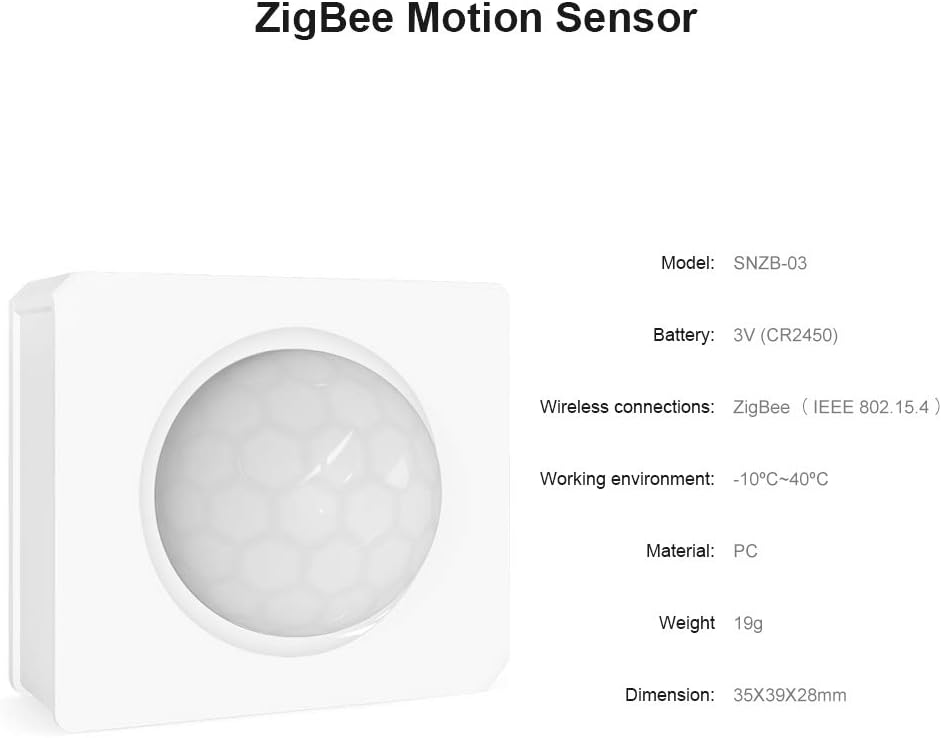 Sensore di movimento ZigBee bianco con lente circolare, modello SNZB-03