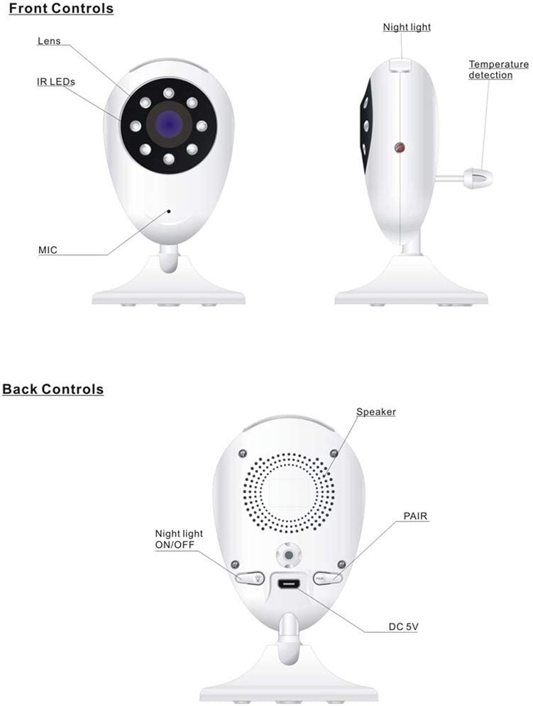 Videocamera del monitor per bambini bianca con LED IR, microfono e rilevazione temperatura