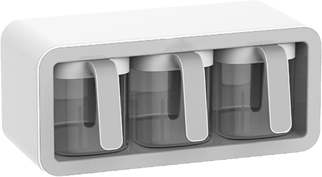 Organizzatore salvaspazio a 3 griglie con 3 vaschette trasparenti, bianco e grigio.