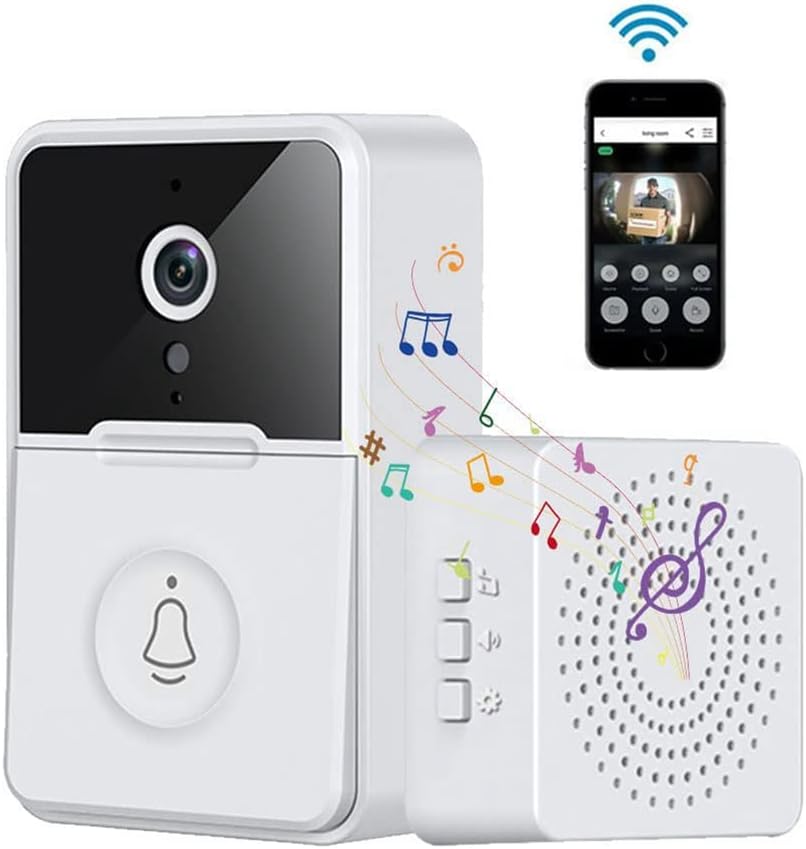 Campanello videocitofono wireless bianco con telecamera nera e suoneria interna