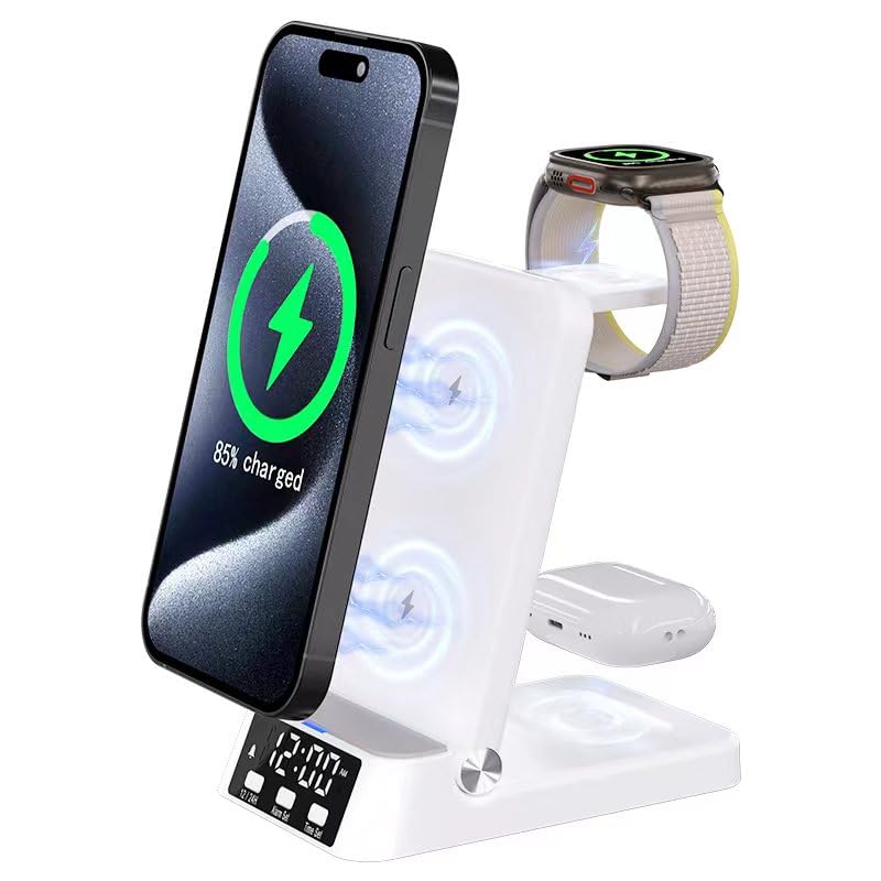 Dock di ricarica 4 in 1 bianco con telefono, smartwatch e display LED