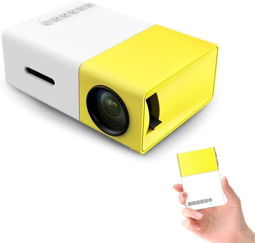 Mini proiettore portatile giallo e bianco con obiettivo nero e tasti superiori