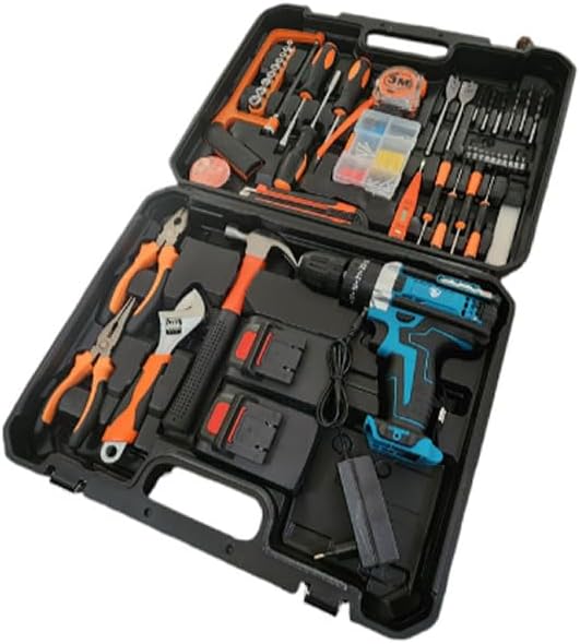 Set di attrezzi in valigetta con trapano avvitatore blu e punte, utensili arancioni