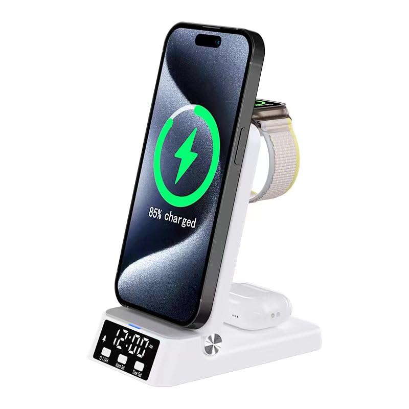 Dock di ricarica 4 in 1 bianco con supporto per telefono e display LED