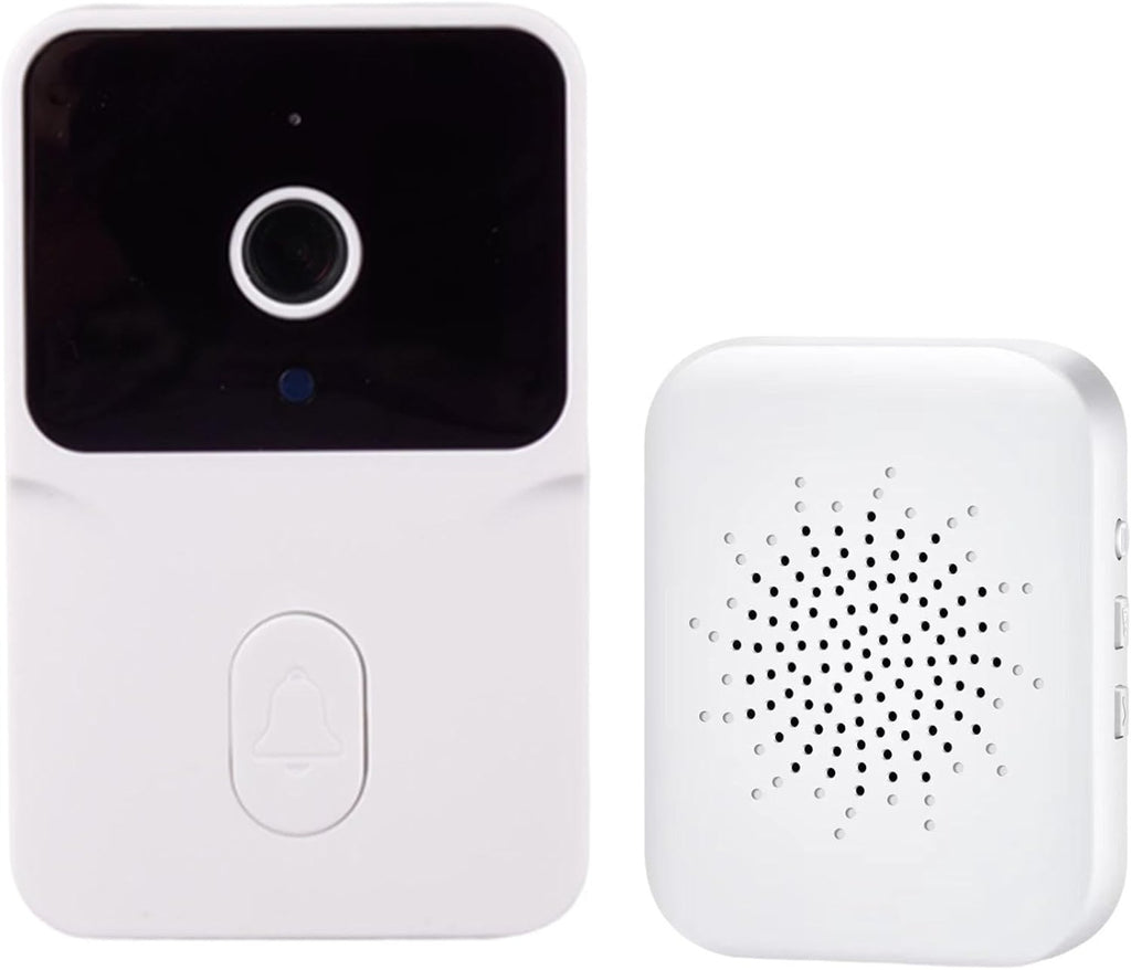 Campanello Wi‑Fi bianco: unità esterna con camera e campanello interno traforato