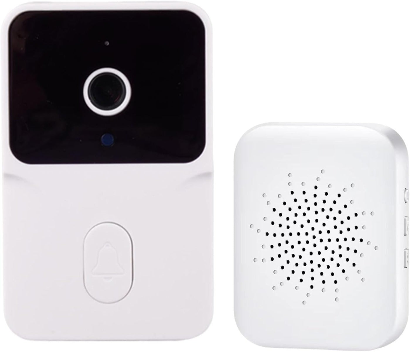 Campanello Wi‑Fi bianco: unità esterna con camera e campanello interno traforato