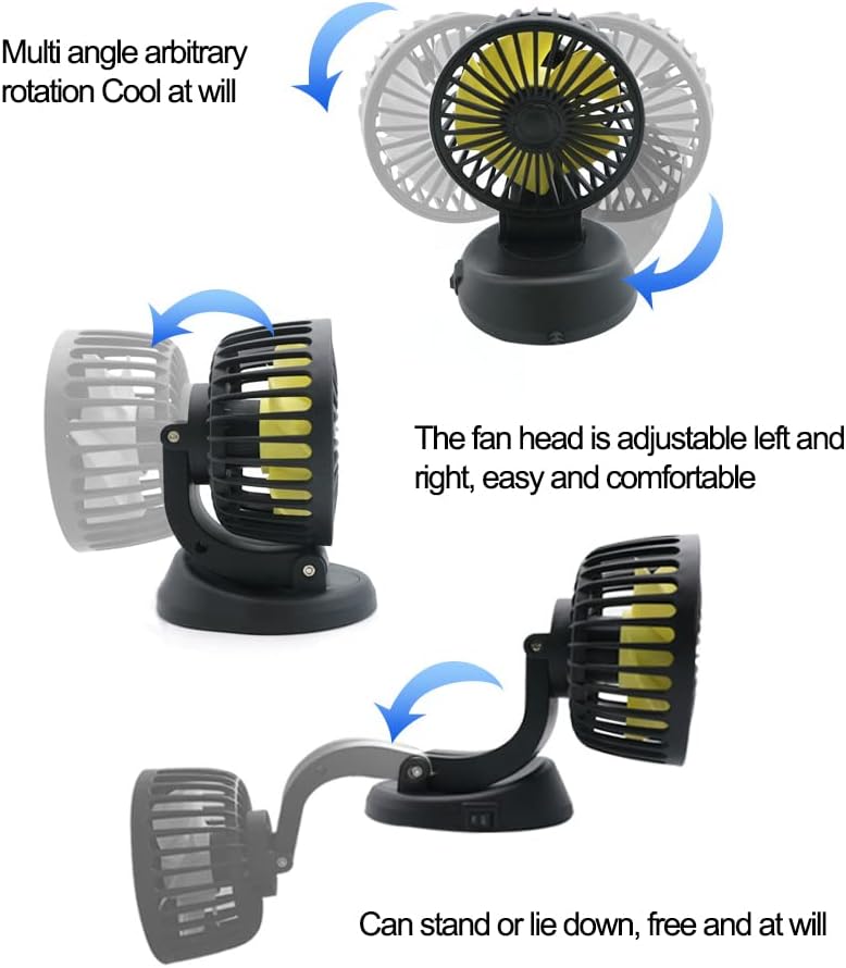 Ventilatore doppio da auto nero con teste orientabili e pale gialle, base rotonda.