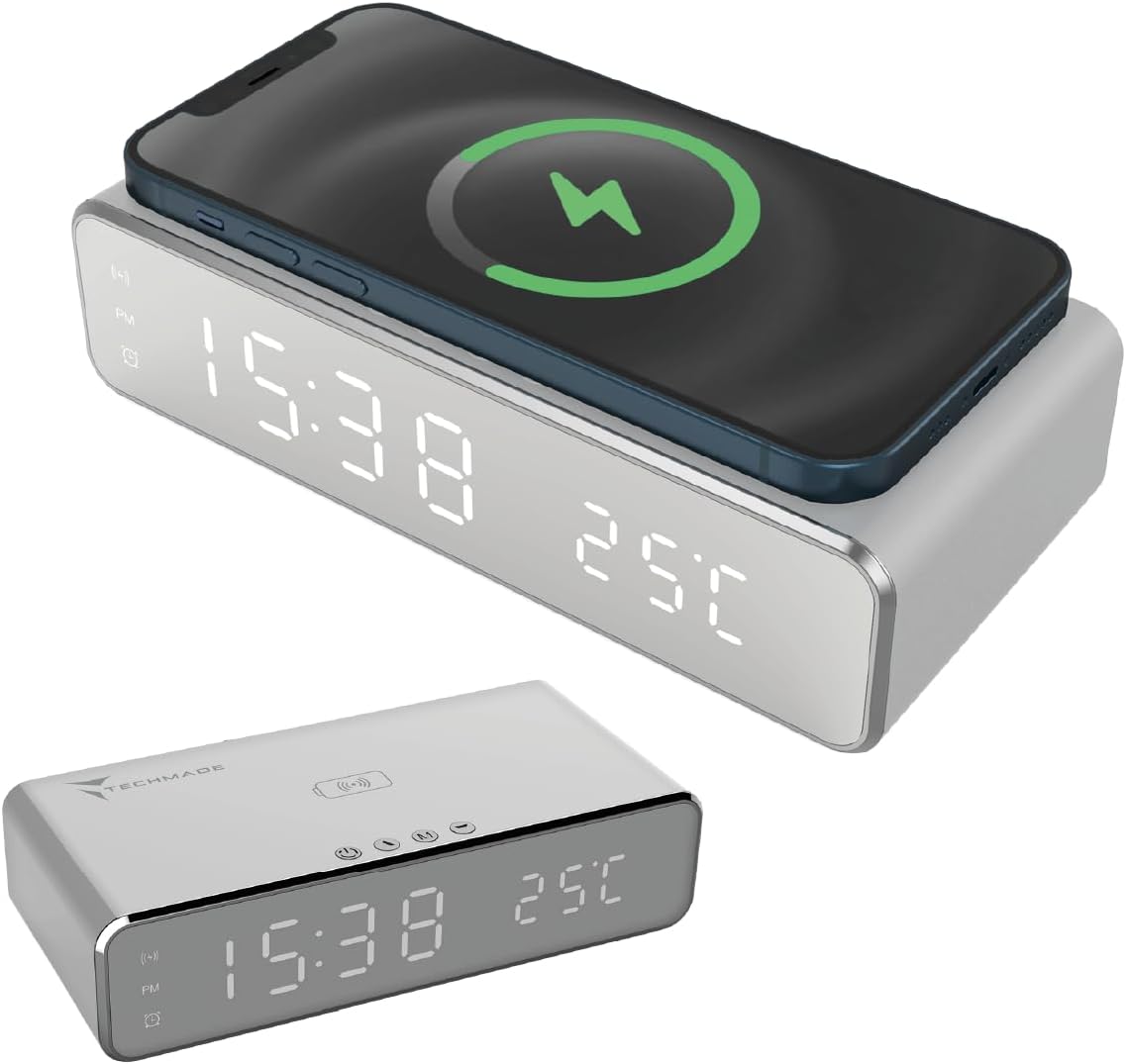 TECHMADE – Sveglia Digitale con Ricarica Wireless, Allarme con Timer, Display LED Regolabile