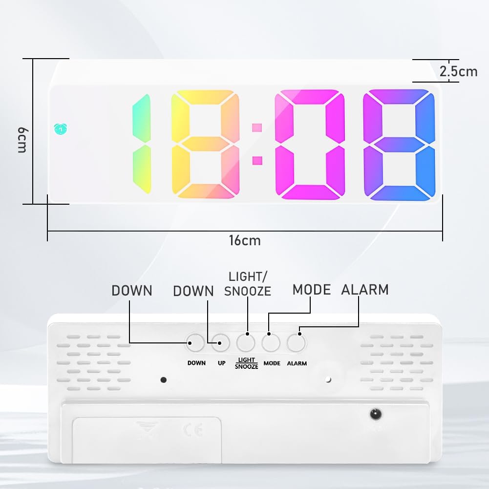 Sveglia digitale LED da comodino bianca con display a cifre multicolore