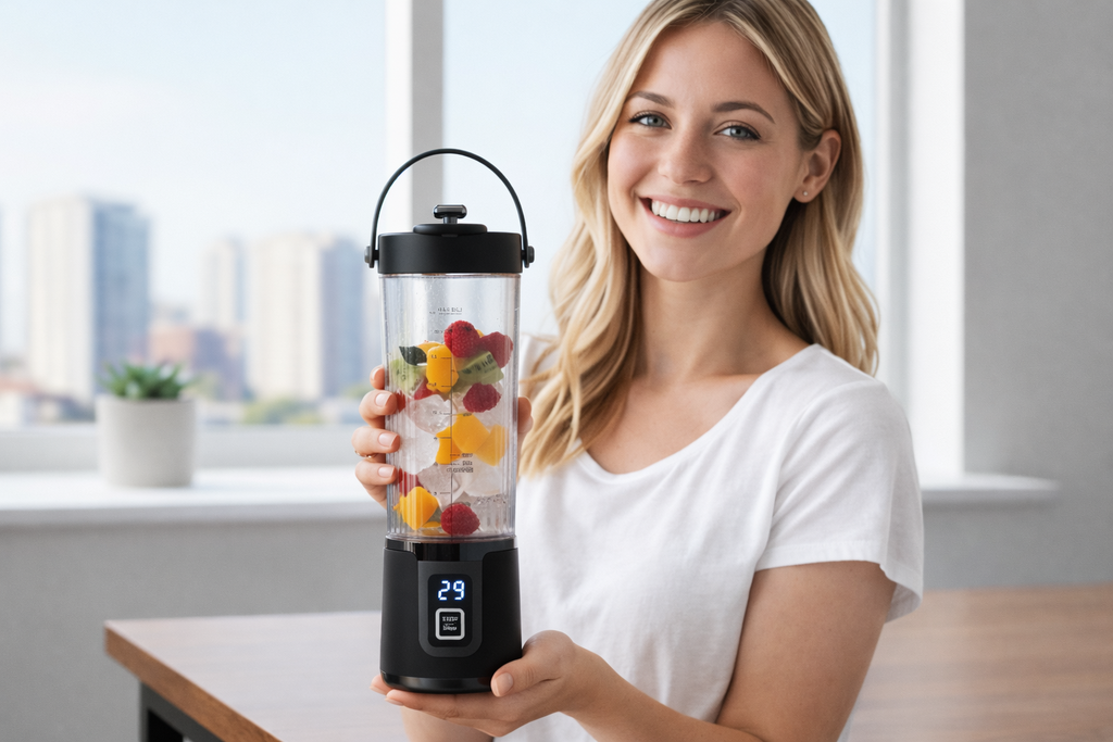 Frullatore portatile 500 ml nero con display, bicchiere trasparente tenuto da donna