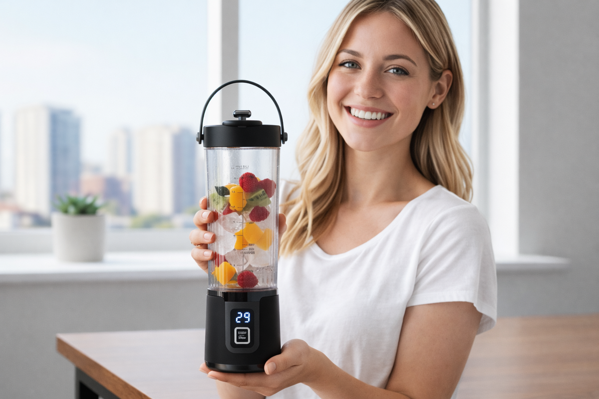 Frullatore portatile 500 ml nero con display, bicchiere trasparente tenuto da donna