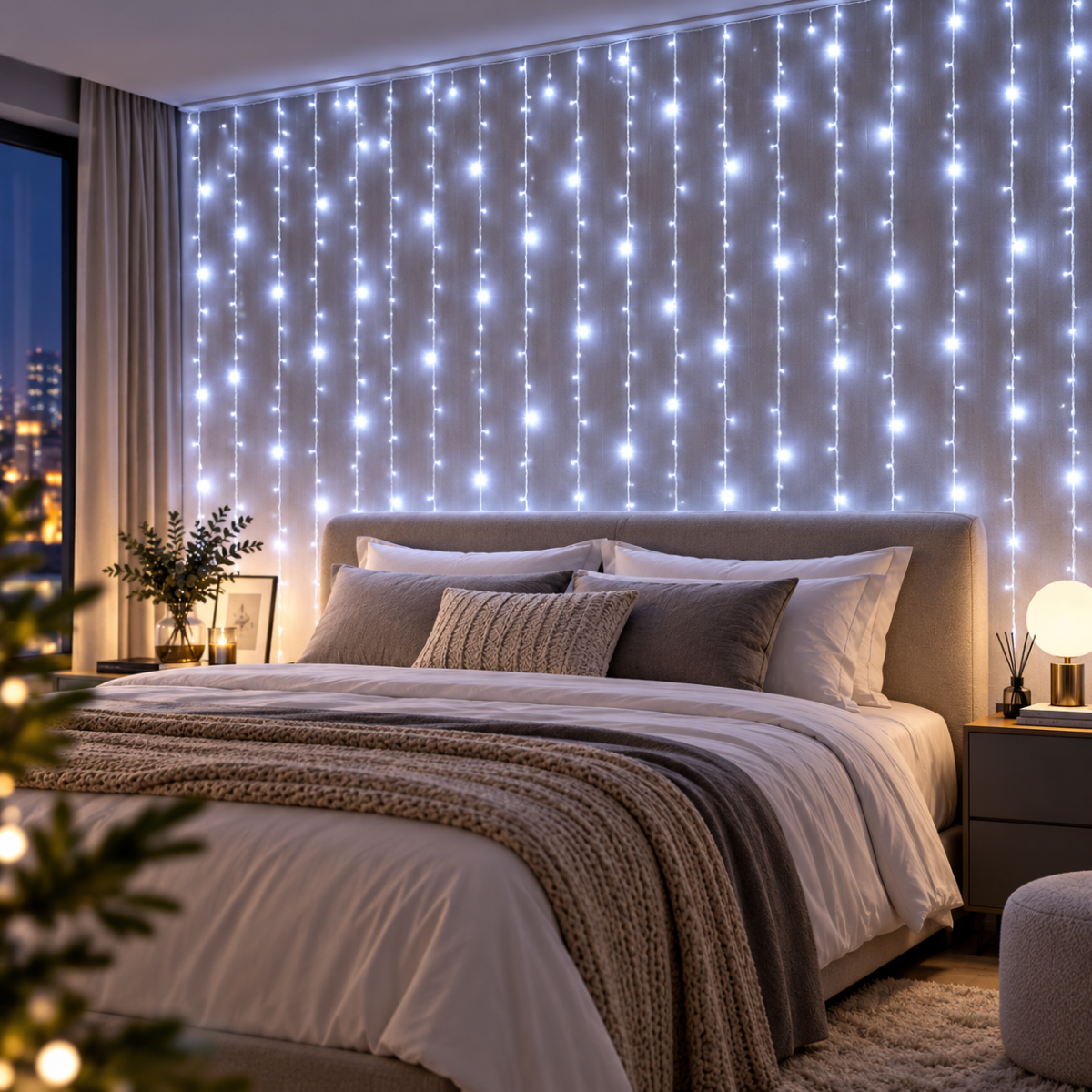 Tenda luminosa LED a cascata bianco freddo con fili verticali davanti alla finestra