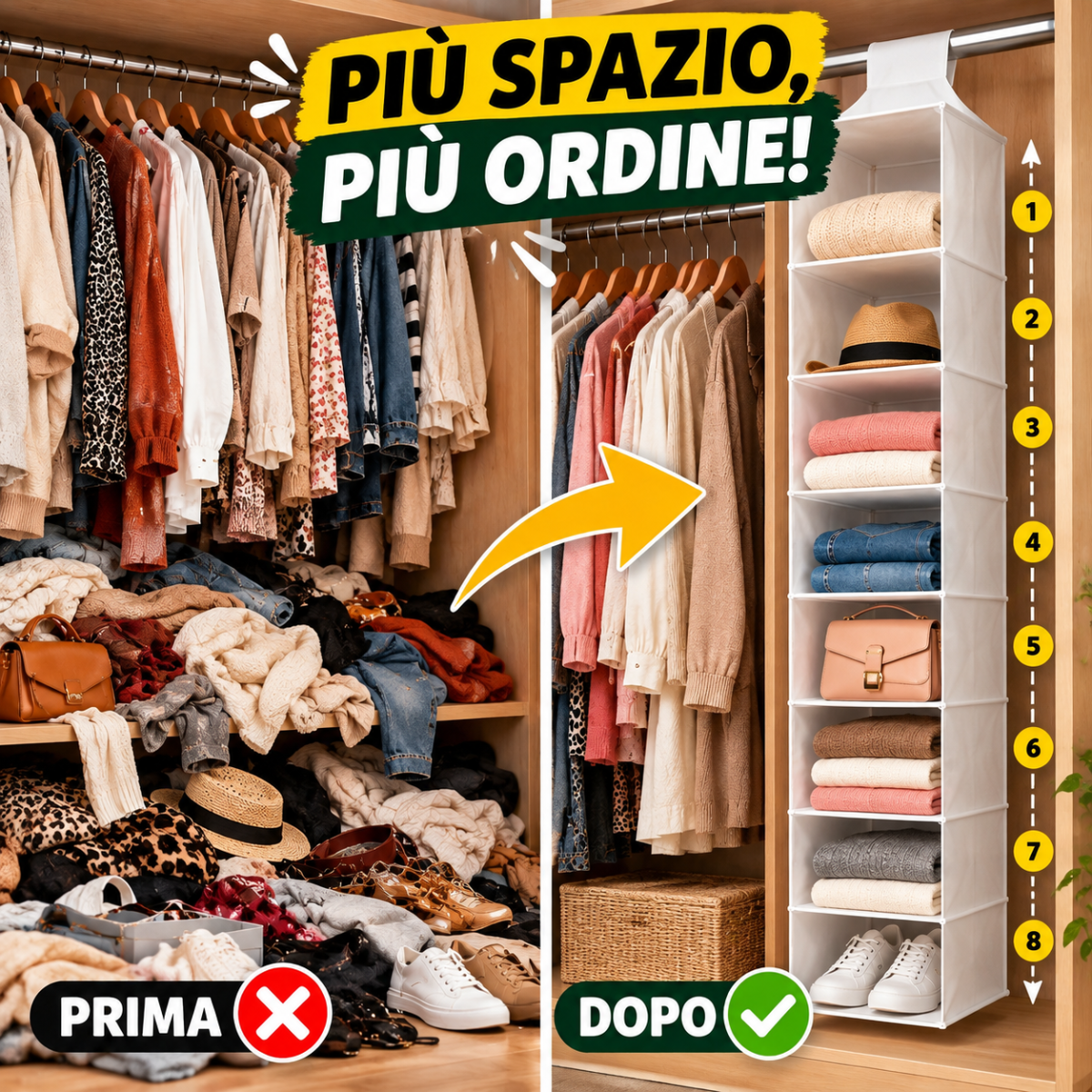 Organizer pensile da armadio con ripiani in tessuto bianco, per vestiti e accessori.