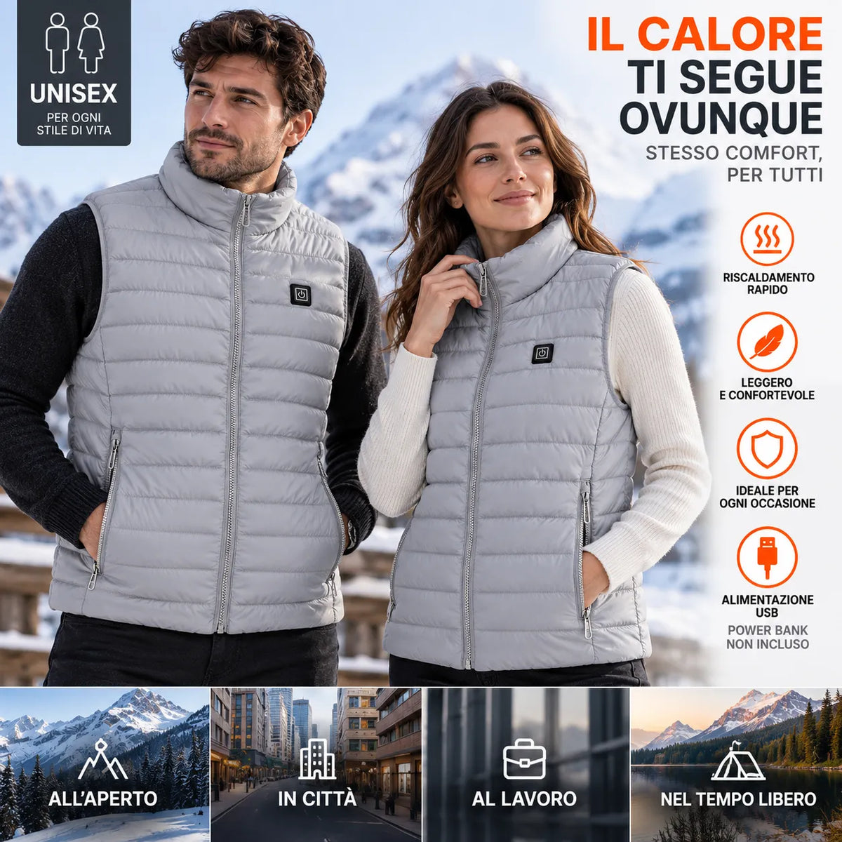 Gilet riscaldante unisex grigio con cappuccio, zip frontale e pannelli calore riscaldamento rapido