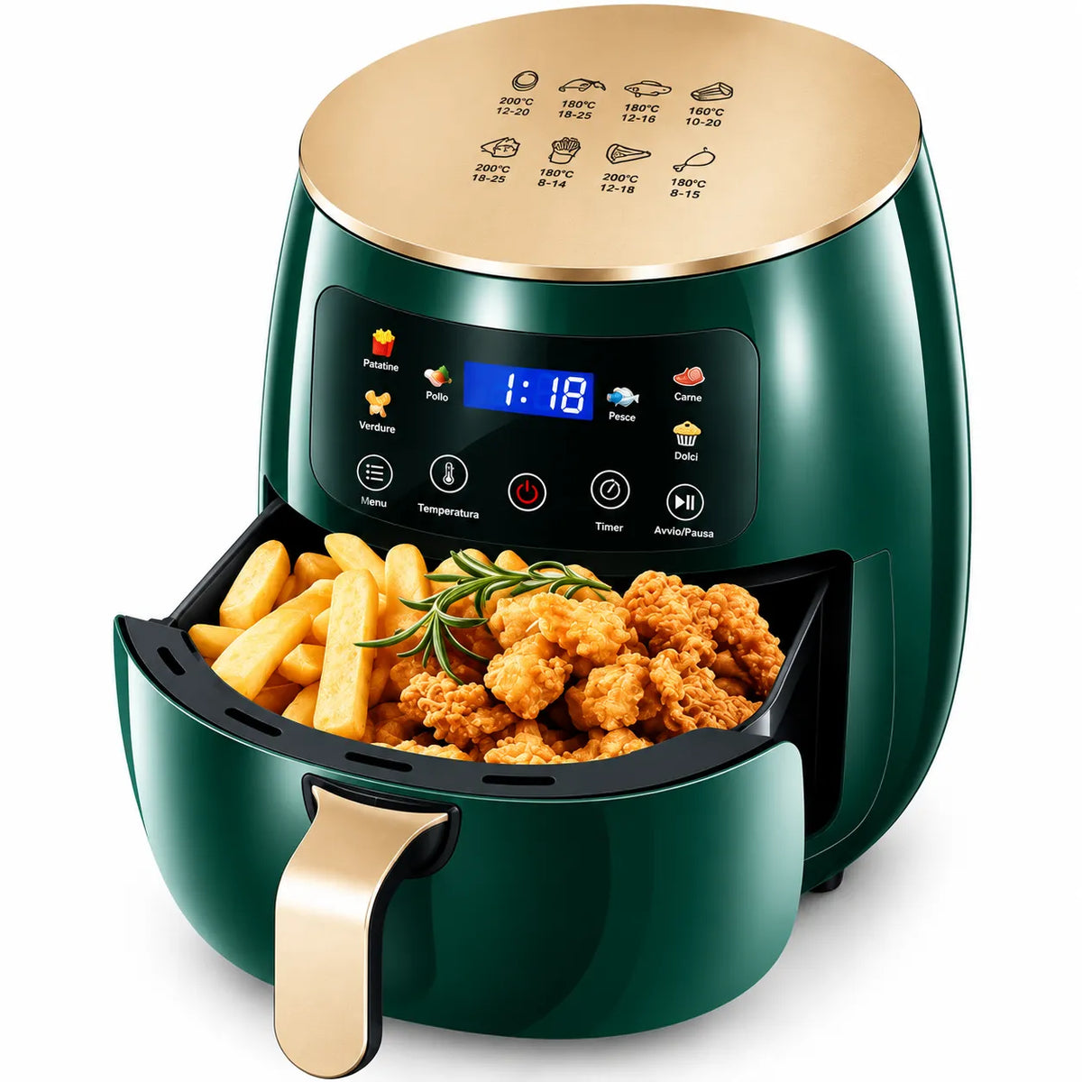 Friggitrice ad aria 8L verde con display LED touch e cestello estraibile antiaderente