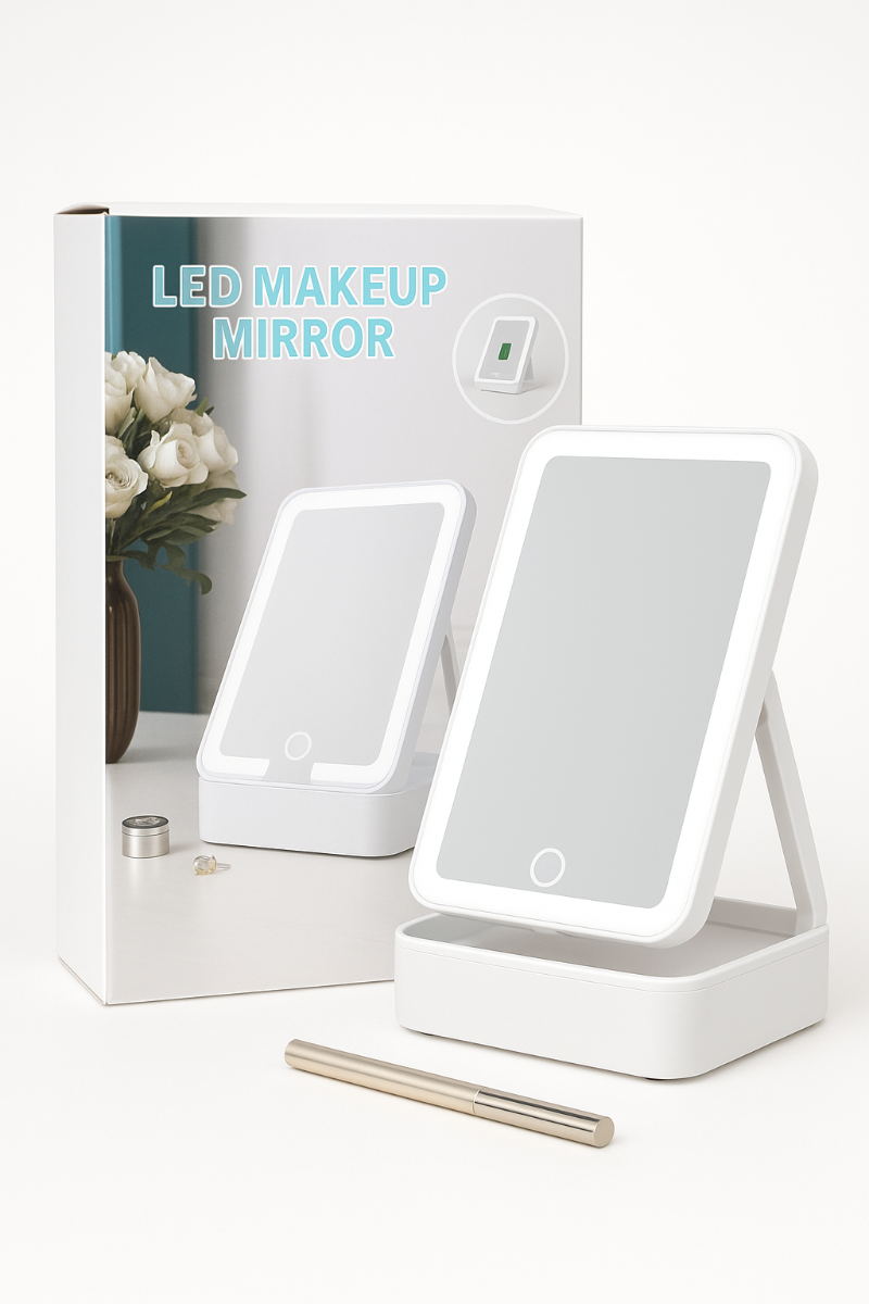 Specchio da trucco LED touch bianco, doppia inclinazione su base da tavolo.