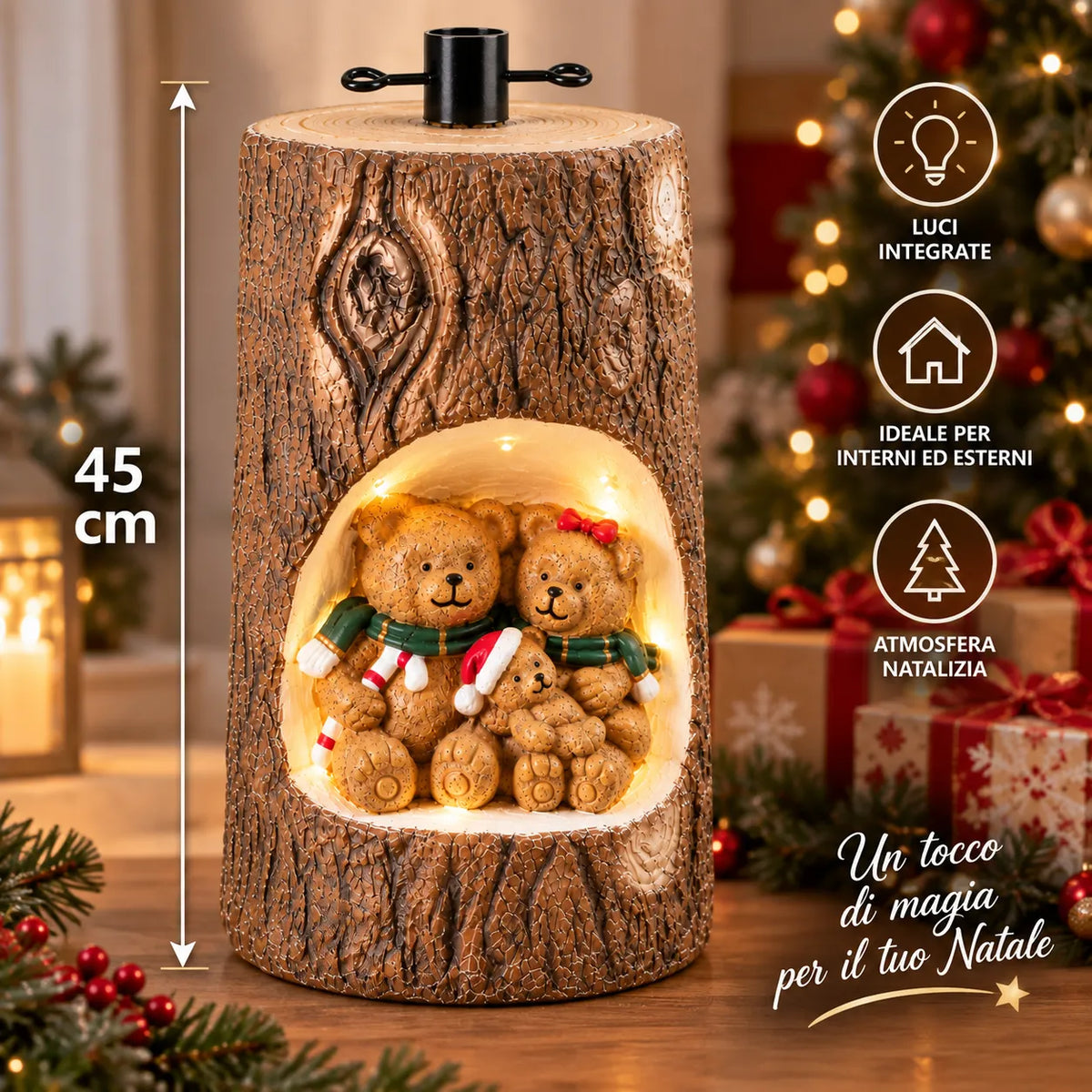 Tronco natalizio con orsetti nella finestra illuminata, luci integrate, 45 cm