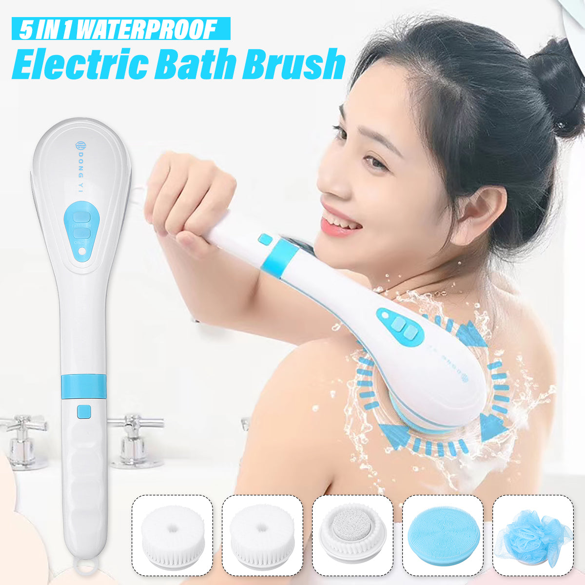Spazzola da bagno elettrica ricaricabile con manico lungo bianco e blu