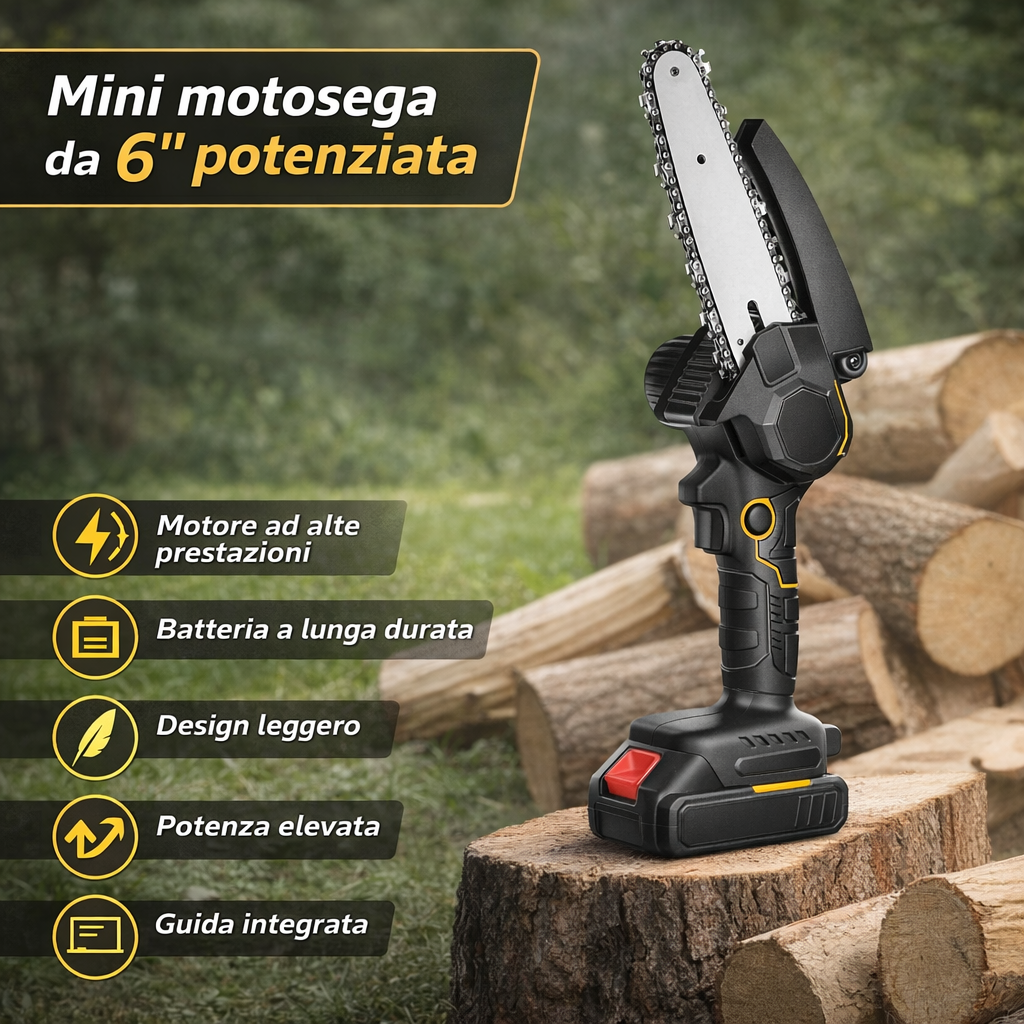 Mini Motosega Elettrica Ricaricabile 48V 4+1 Catene 6” con 2 Batterie e Valigetta  – Sega Potatura Leggera per Giardino e Legna