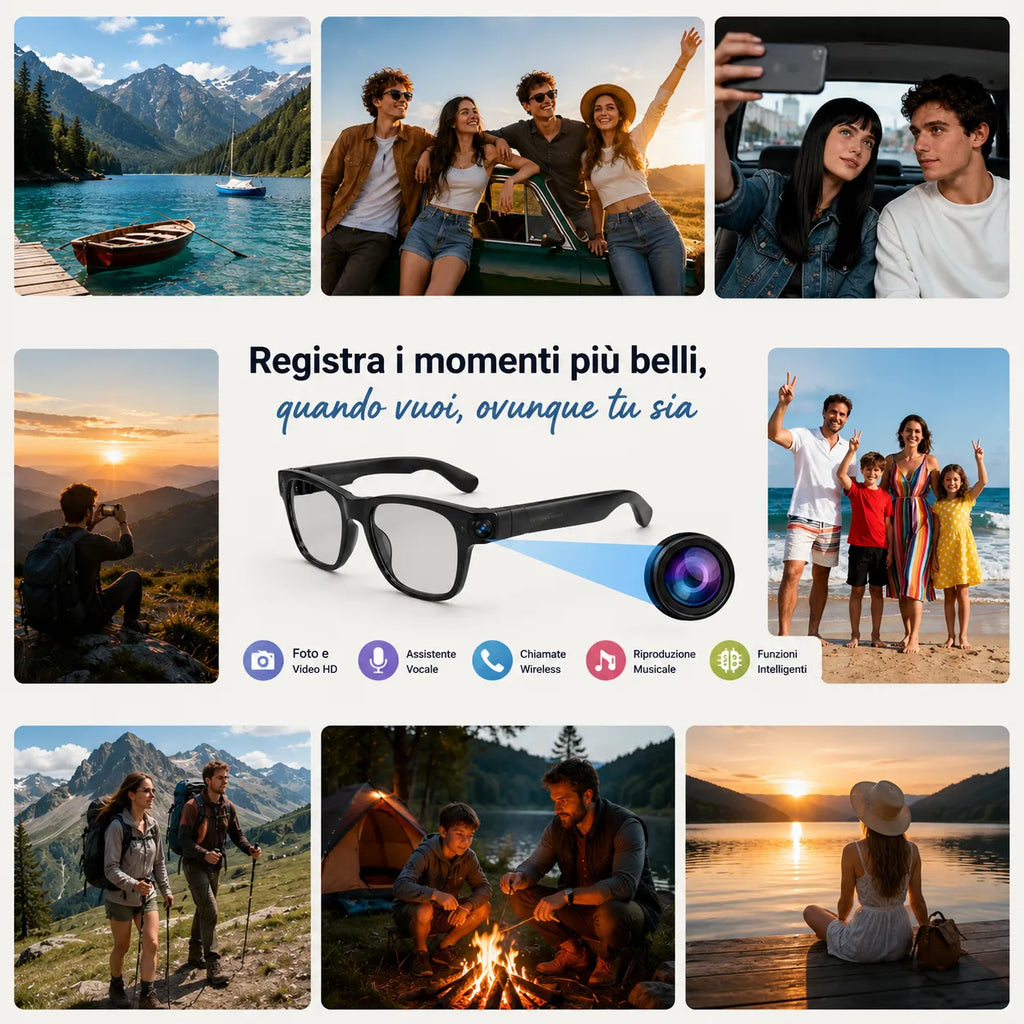 Occhiali smart neri con fotocamera laterale e lenti chiare