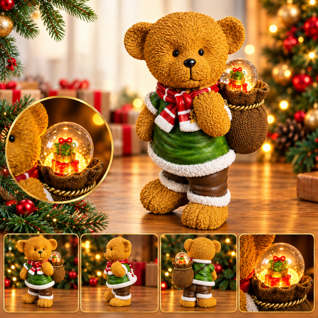 Decorazione orsetto natalizio con sfera LED e sacco, 16 cm, sciarpa rossa e gilet verde