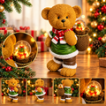 Decorazione orsetto natalizio con sfera LED e sacco, 16 cm, sciarpa rossa e gilet verde