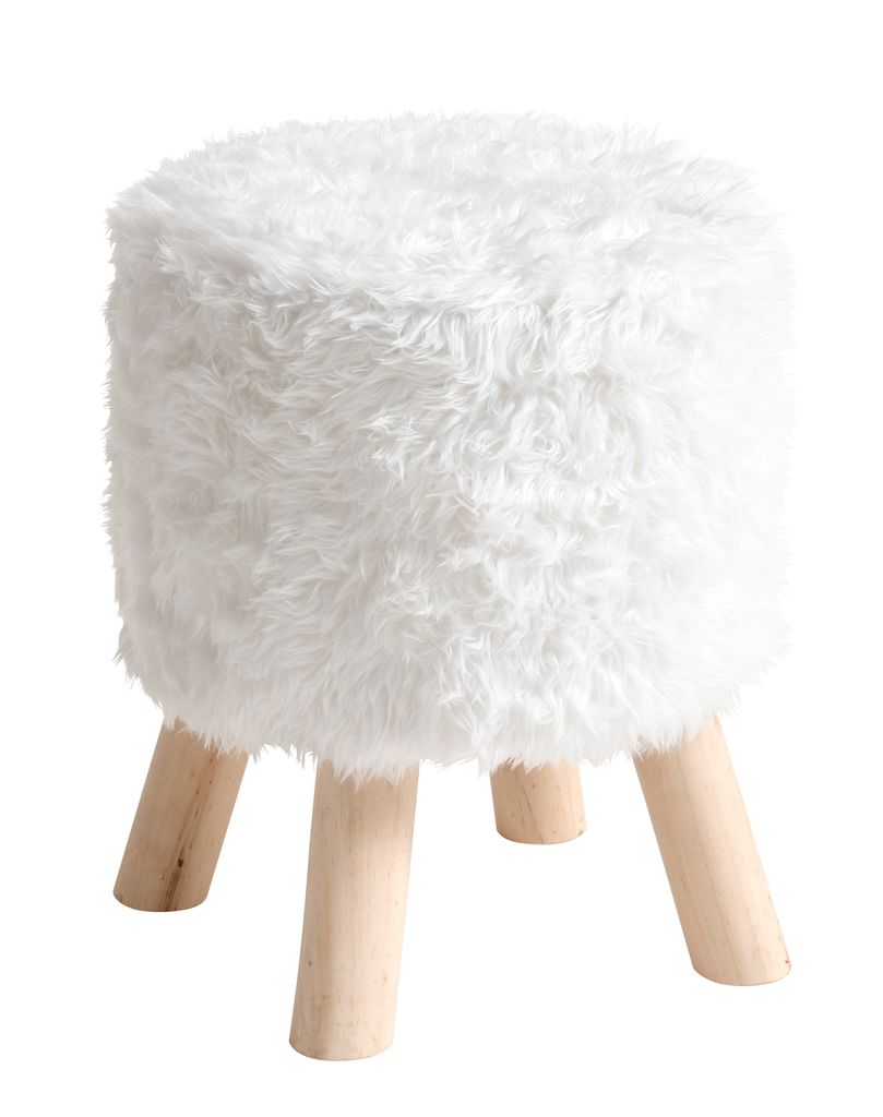 Sgabello pouf in similpelliccia bianca con gambe in legno e poggiapiedi