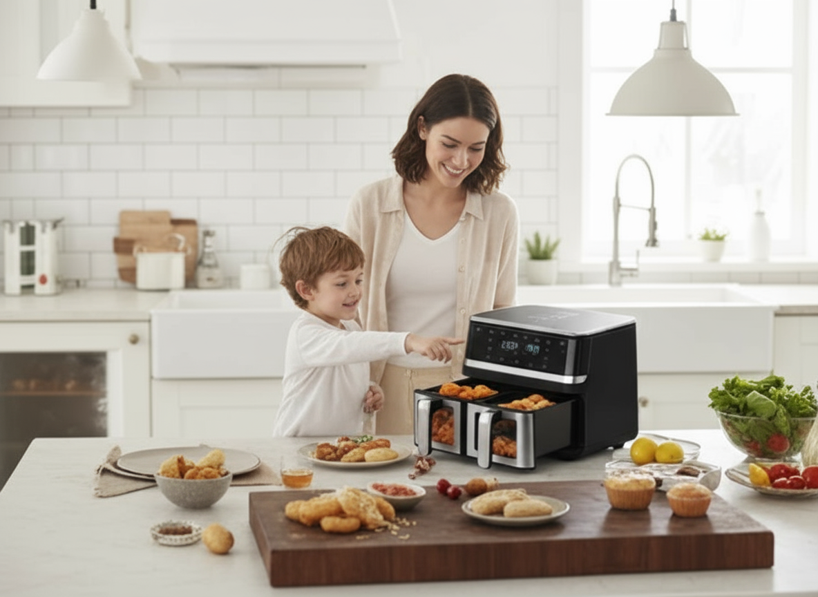 Friggitrice ad aria dual zone nera su piano con due cestelli aperti e maniglie.