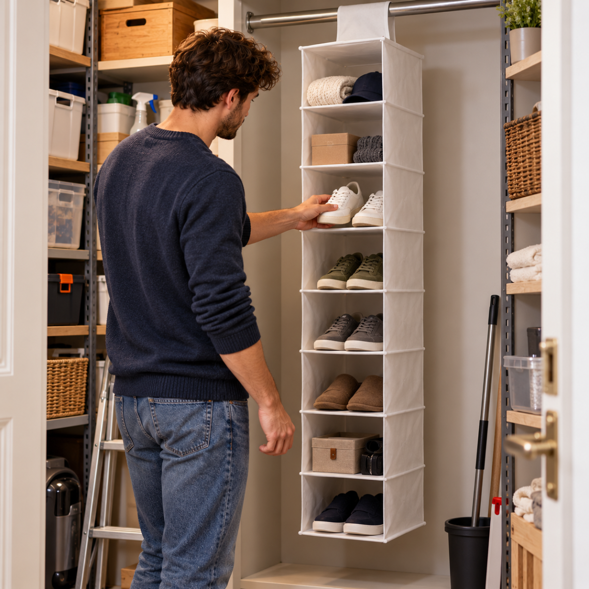 Organizer pensile da armadio in tessuto bianco con ripiani per scarpe e indumenti.