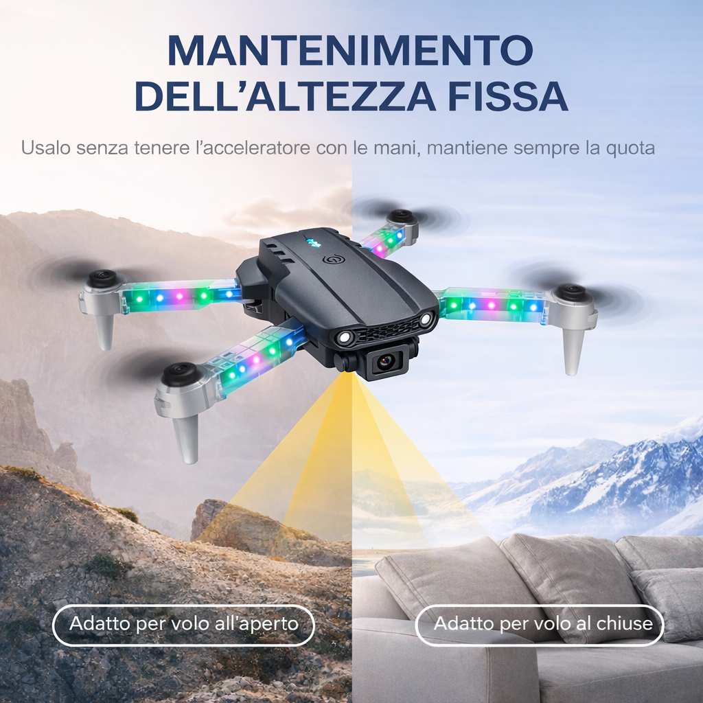 Drone pieghevole con fotocamera e luci LED RGB multicolore, 4 bracci aperti.