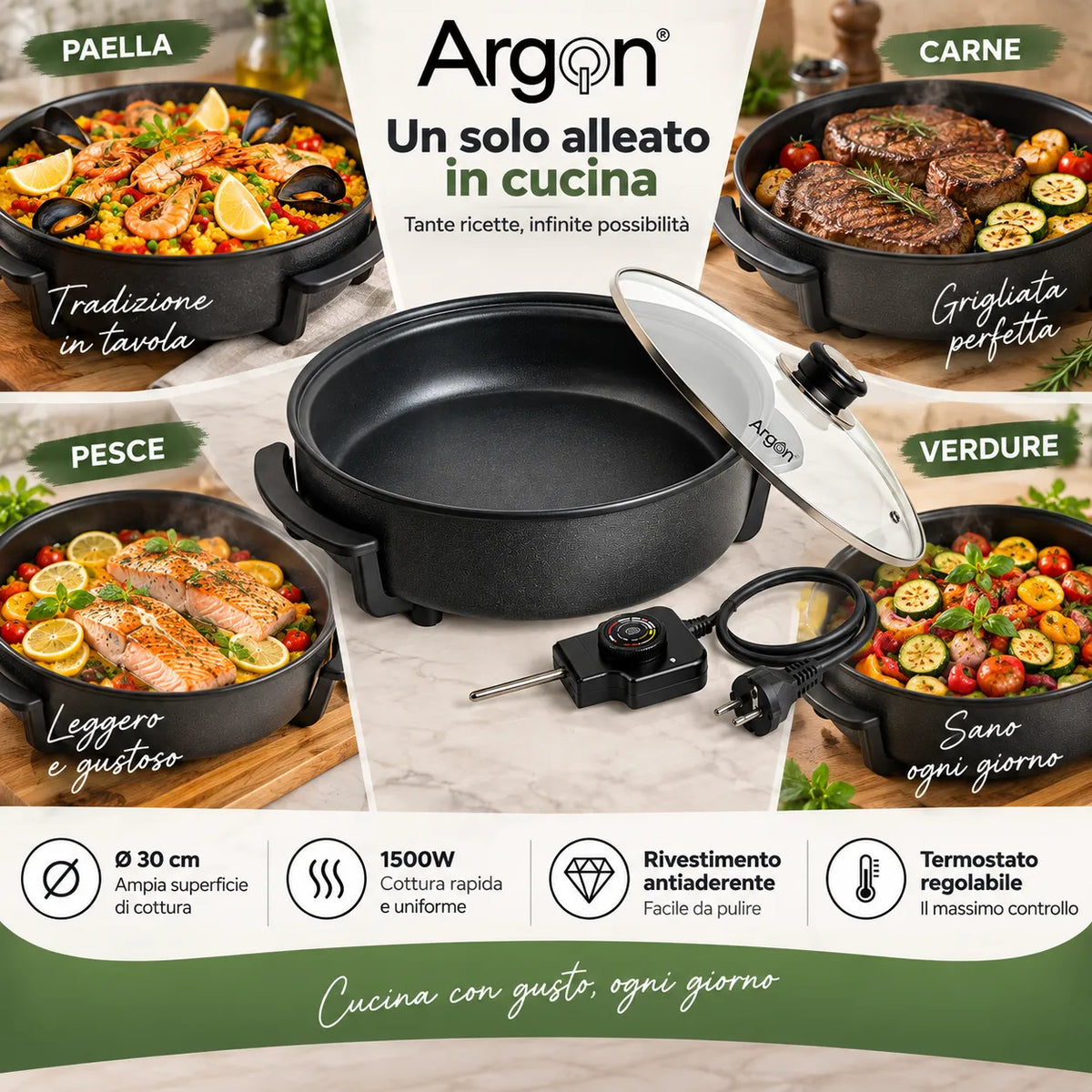 Padella elettrica multifunzione Argon Ø30 cm con coperchio in vetro e termostato