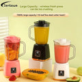 Frullatore portatile USB con caraffa trasparente e base nera, rosa e bianca