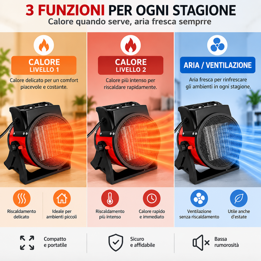 Stufetta elettrica PTC nera con elementi riscaldanti e icone di calore e ventilazione