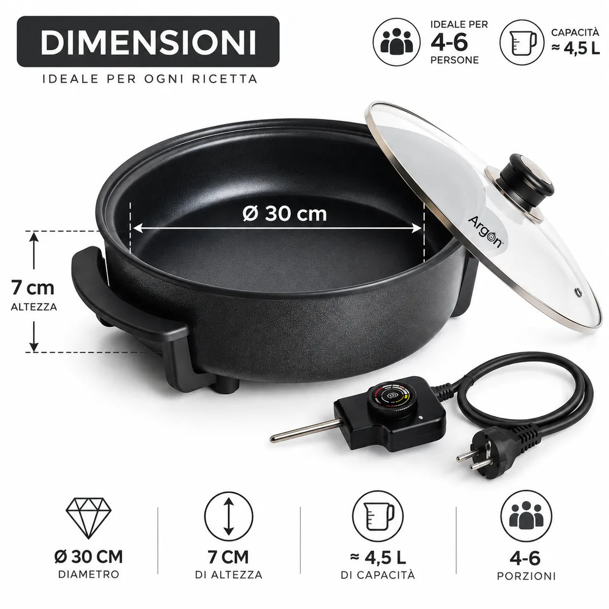 Padella elettrica nera con coperchio in vetro, Ø30 cm, altezza 7 cm, capacità 4,5 L