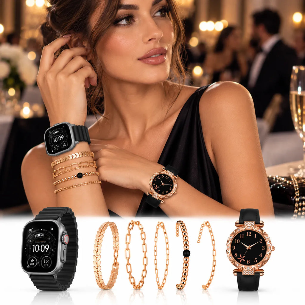 Orologio smart nero con bracciali dorati e orologio analogico rosé sul polso