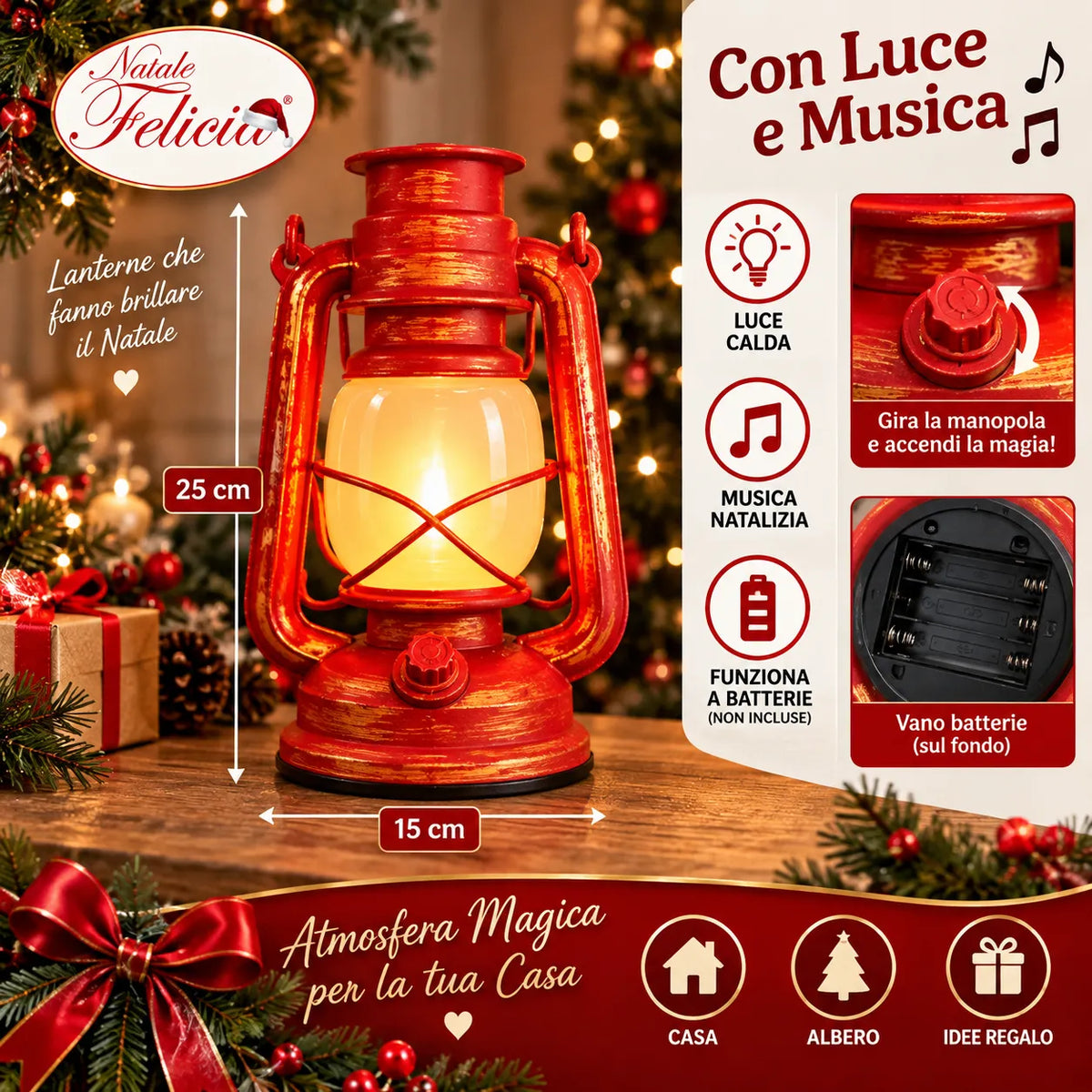 Lanterna di Natale vintage rossa con luce calda LED, struttura con dettagli decorativi