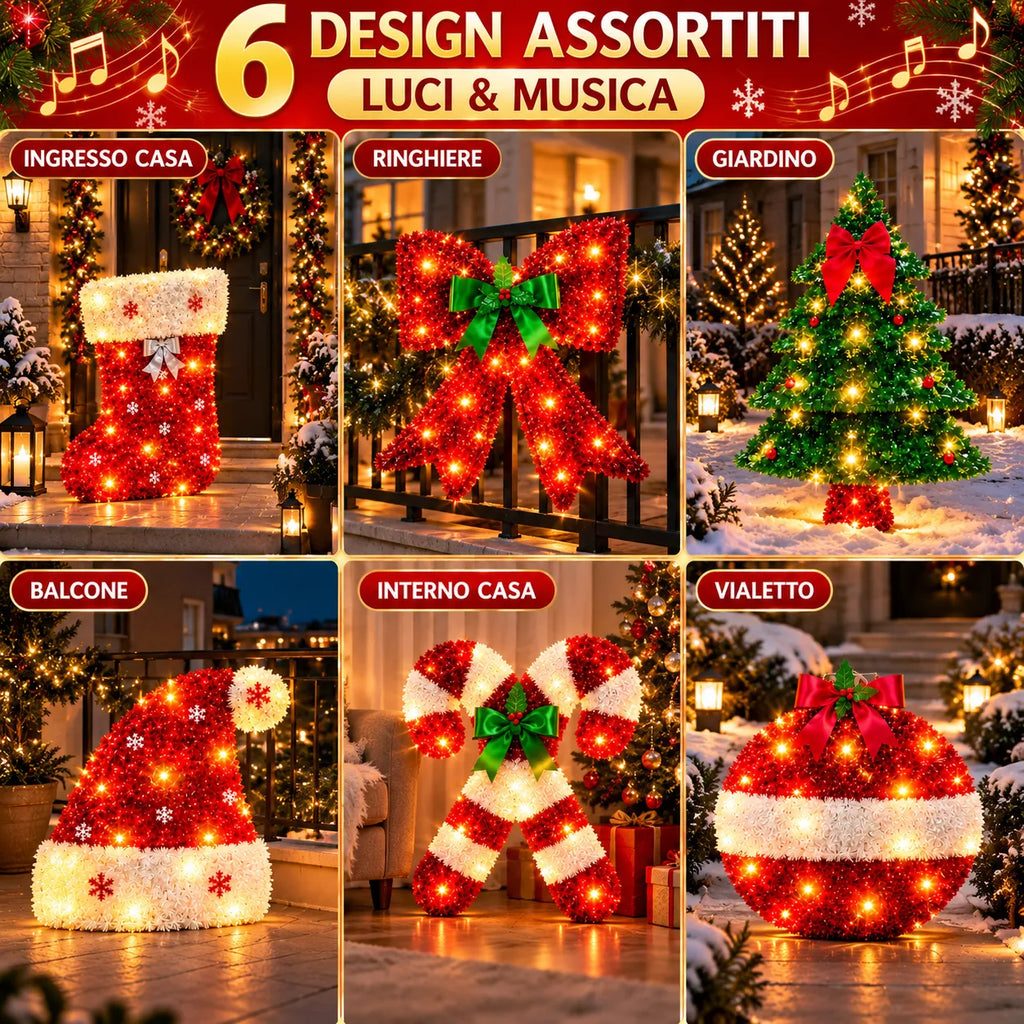 Set 6 decorazioni natalizie LED e musica per esterni: calza, fiocco, albero, cappello, bastoncini.